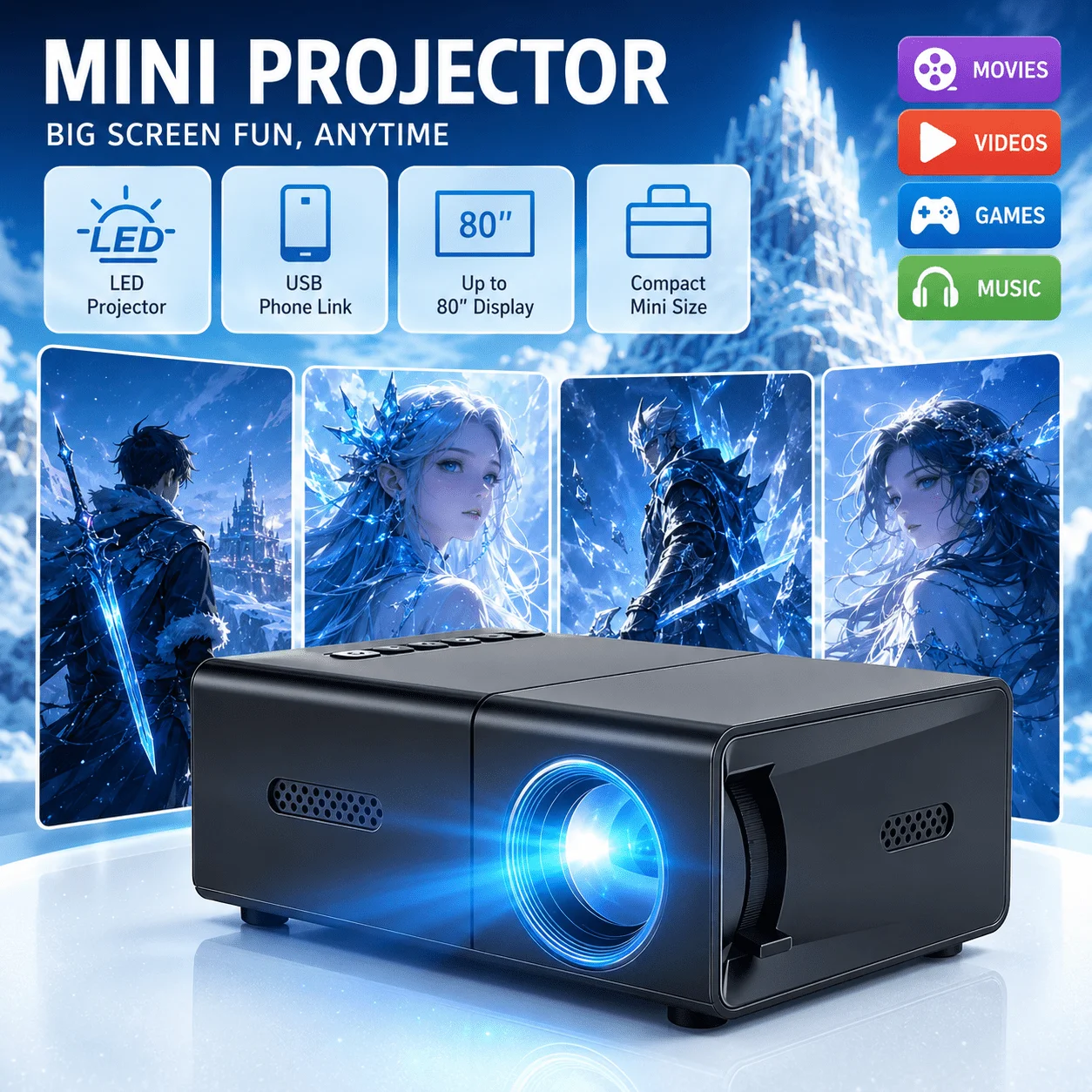 Retro Gaming Projector - โปรเจคเตอร์พกพาขนาดเล็ก รองรับการใช้งานกับโฮมเธียเตอร์และเกมมิ่ง ใช้พลังงานจาก USB โปรเจคเตอร์ LCD